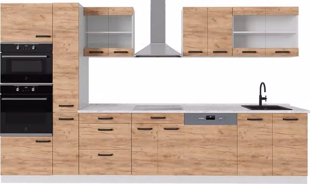 Mobile da cucina moderno Vicco R-Line in rovere e bianco con ante in vetro L: 350 cm