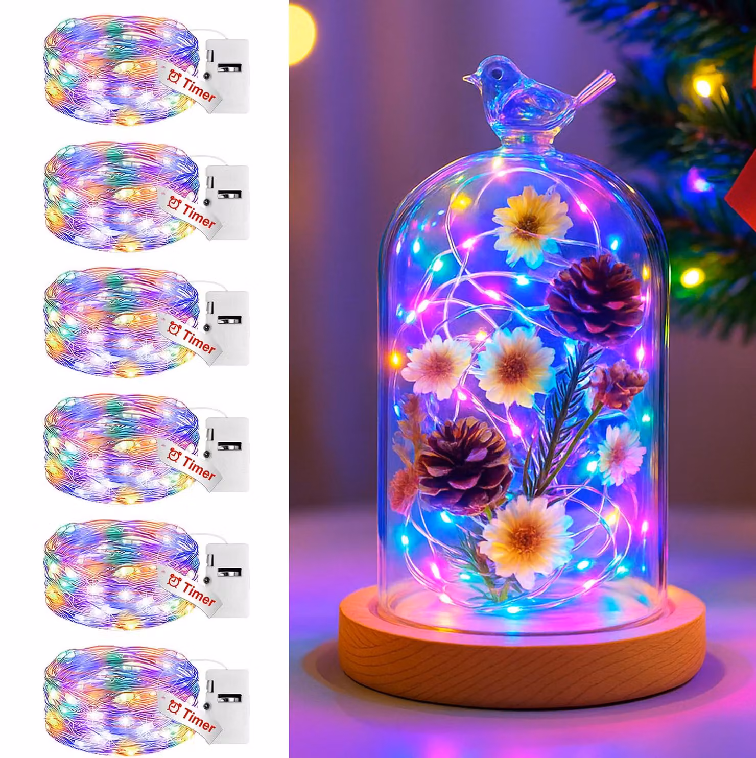Catena luminosa a LED, 6 pezzi, 3 modalità, timer, 2 metri, 20 LED, multicolore