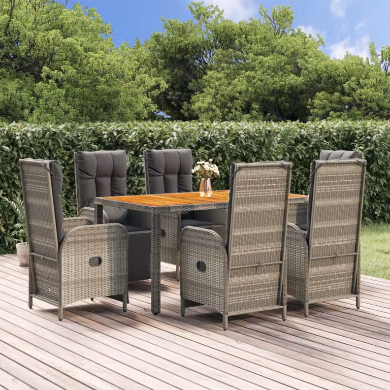 Set da pranzo da giardino vidaXL in polyrattan e legno di acacia grigio con 7 pezzi e cuscini
