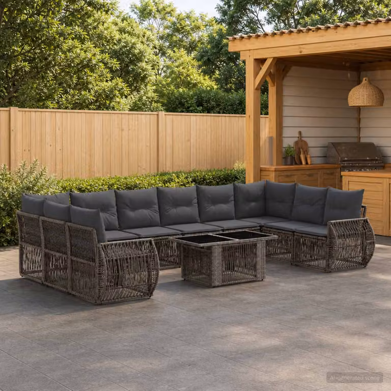 Set Divano da Giardino vidaXL 11 Pezzi in Polyrattan Grigio e Antracite con Cuscini e Tavolino da Esterno a Forma di U