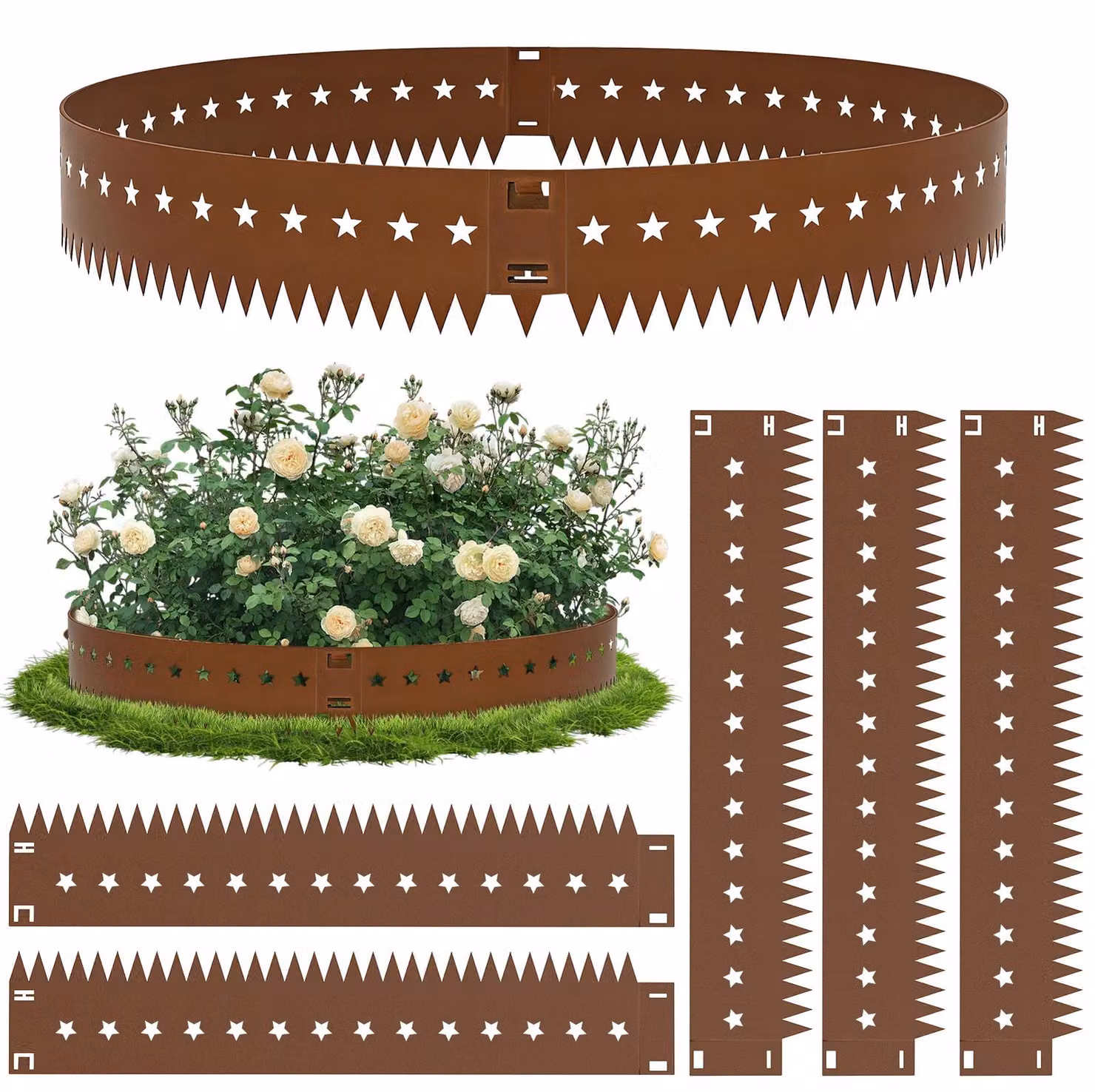 Recinzione per giardino - Bordatura per prato in metallo - 5 pezzi - Motivo a stelle - 107,5 x 20 cm - 5 cm di picchetti da inserire nel terreno - Colore marrone ruggine