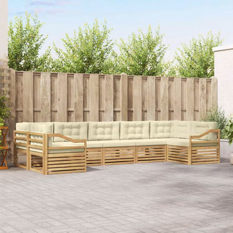 vidaXL Set di divani da esterno a forma di U composto da 7 pezzi in legno di acacia con cuscini bianchi e beige
