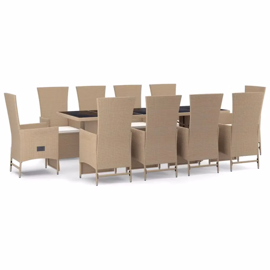 Set da pranzo da giardino vidaXL in polyrattan con tavolo in legno di acacia e cuscini beige e bianchi, 11 pezzi – 2
