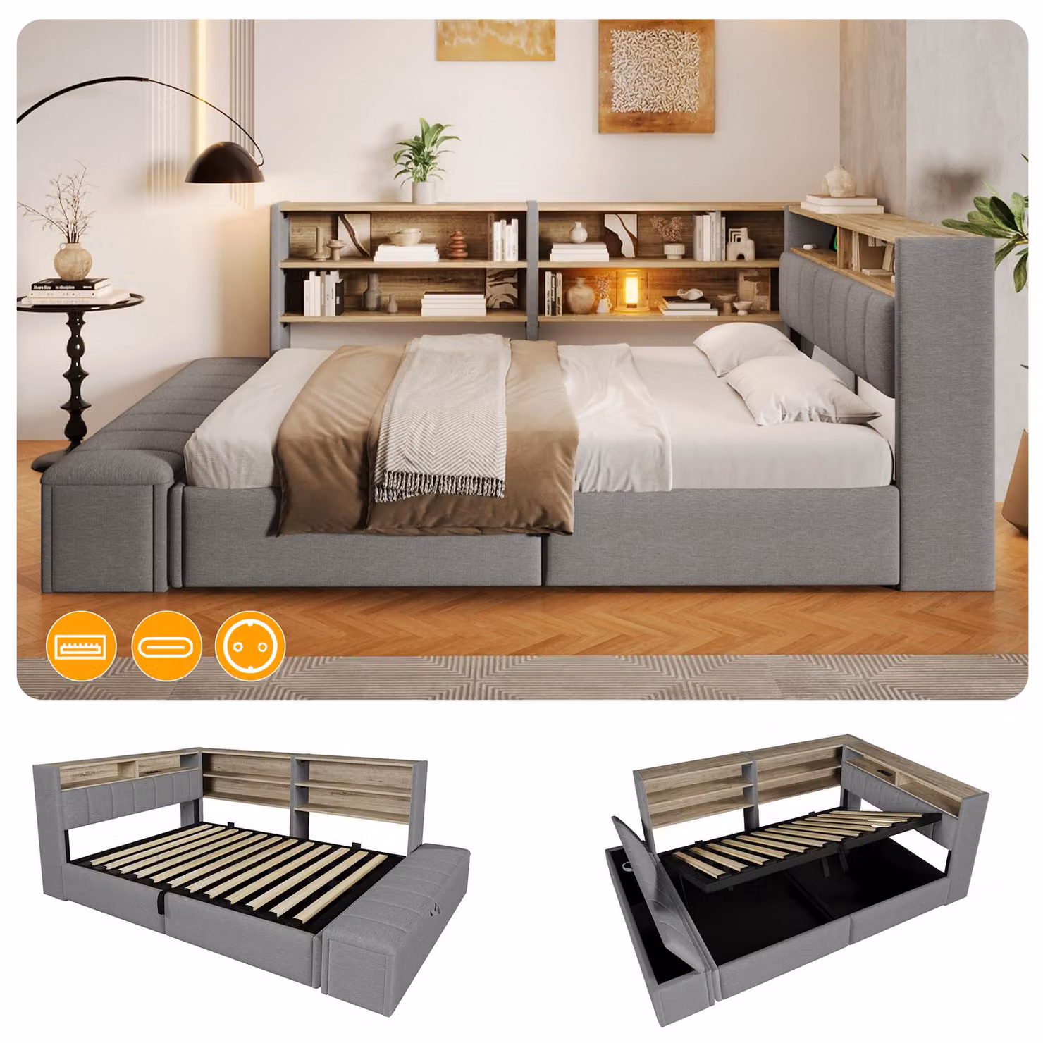 Divano letto 140 x 200 cm con vano contenitore a pistone idraulico, luci LED RGB, porte USB-A/USB-C, scaffale montabile su entrambi i lati e panca contenitore, rivestito in velluto, colore grigio/bianco