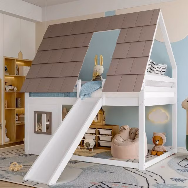 Letto a castello a casetta OKWISH per bambini con scala e scivolo, in pino e MDF, bianco e marrone, L/P/H: 200 x 140 x 160 cm