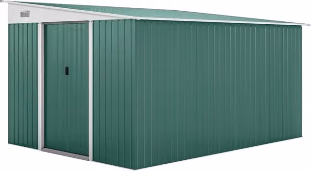 Casetta da Giardino con Porta Scorrevole, in Acciaio, 345x280.5x169-201cm, Verde