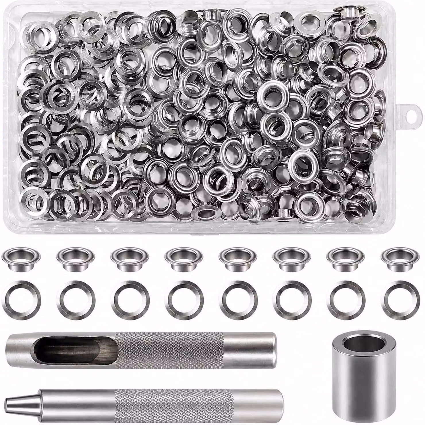Set di utensili per occhielli, 120 pezzi, 6 mm, colore argento, metallo