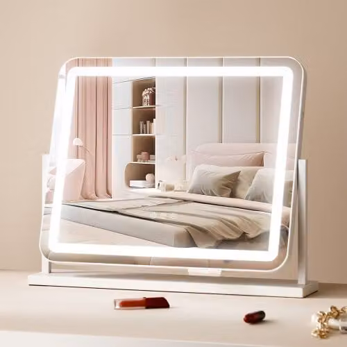 VEVOR Specchio per Trucco Illuminato con LED Bianco, 3 Modalità di Illuminazione, Controllo a Tocco e Specchio Ingranditore 5X Rimovibile, Rotazione a 360°, L: 54,7 cm x P: 44,7 cm