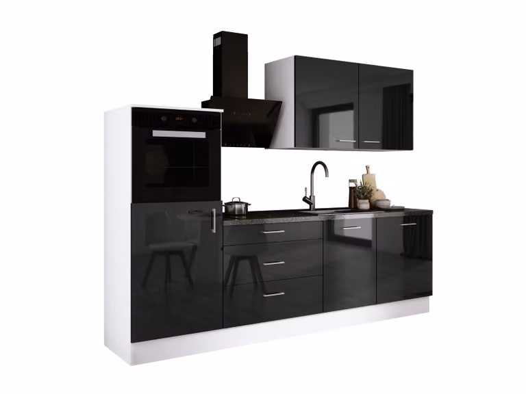 Set da cucina: tre cassetti, cinque ante, otto ripiani, bianco/nero lucido