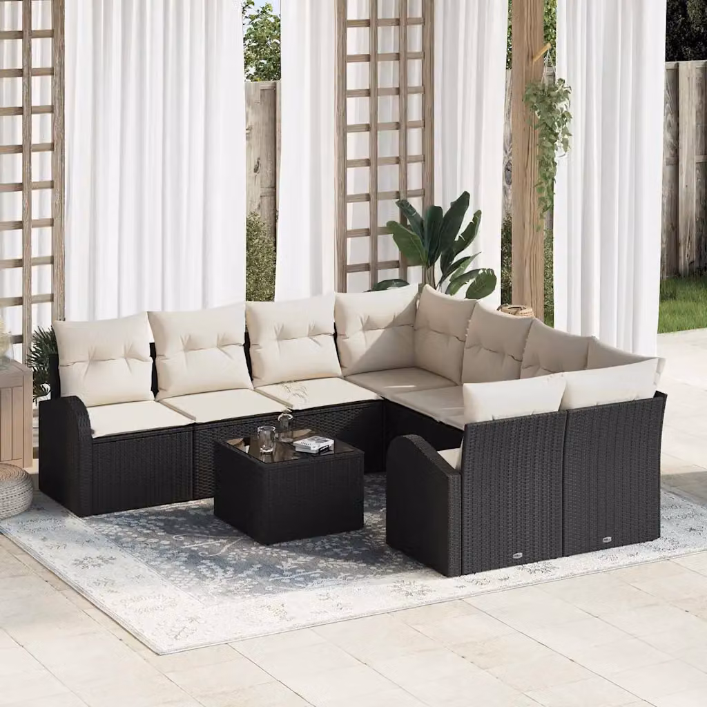 Set Divano da Giardino vidaXL 9 pz Nero in Polyrattan con Cuscini e Tavolino – 1