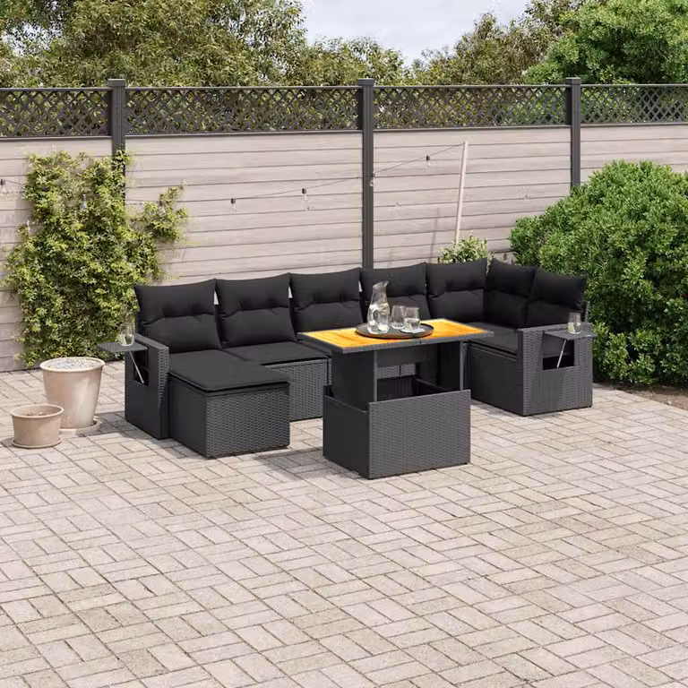 vidaXL Set Divani da Giardino a L con Cuscini 8 pz in Polyrattan Nero e Legno di Acacia