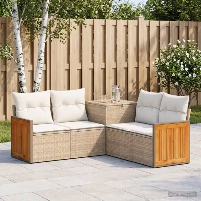 Set di divani da giardino a forma di L con poltrona e pouf vidaXL in polyrattan beige e bianco crema