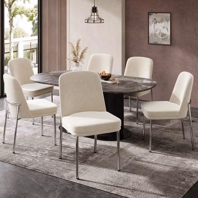 Set 6 Sedie da Pranzo ¨C Minimal ¨C Beige in Velluto, Gambe in Metallo, Stile Moderno, Imbottite