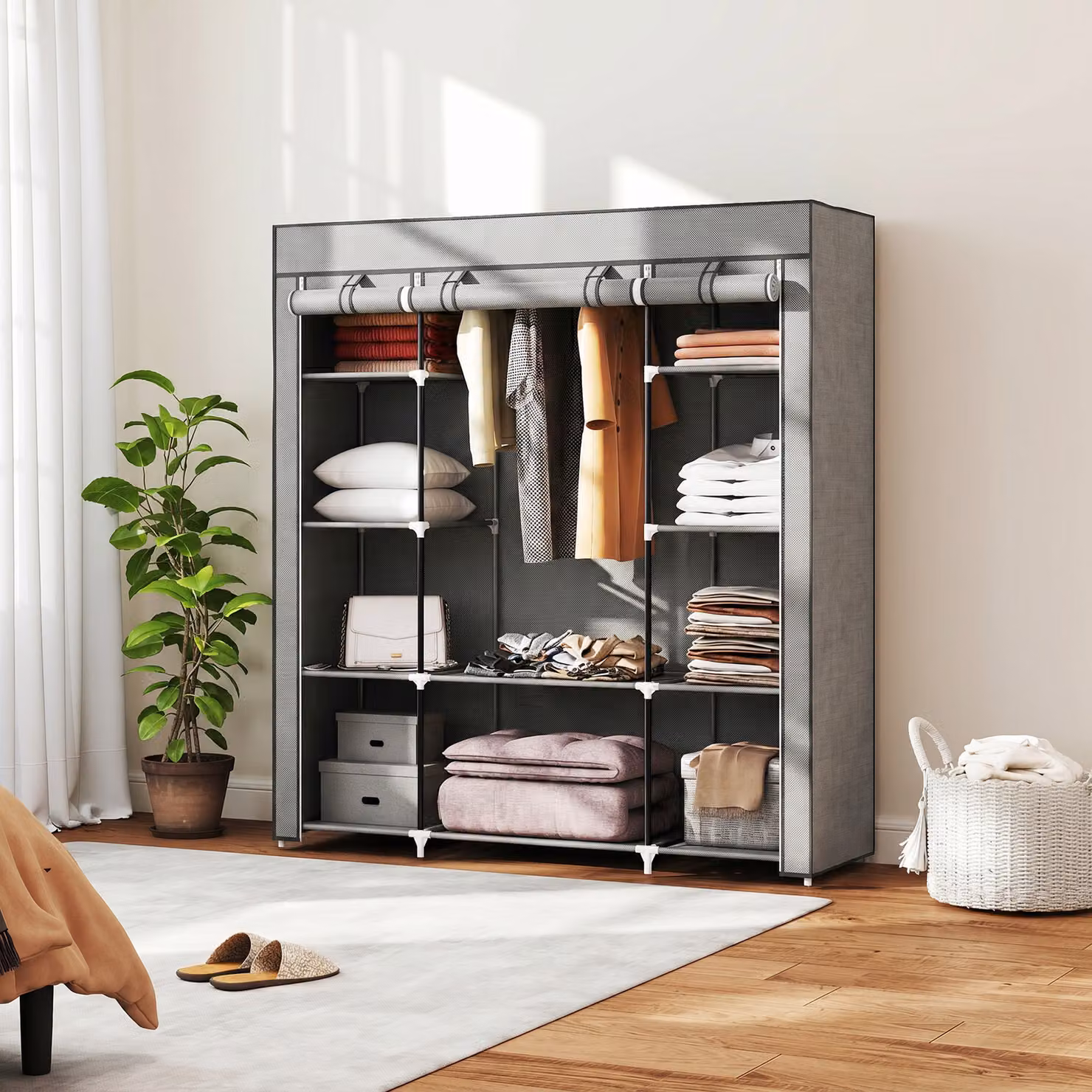 Armadio contenitore pieghevole HOMCOM con barra appendiabiti e ripiani, grigio, L: 150 cm, P: 43 cm, H: 162,5 cm – 2