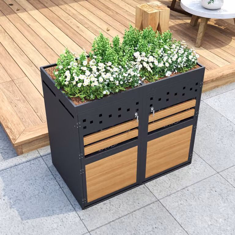 okwish Bin box 2x 120-240 litri, porta antracite con design in legno, contenitore con tetto per piante, grigio + naturale