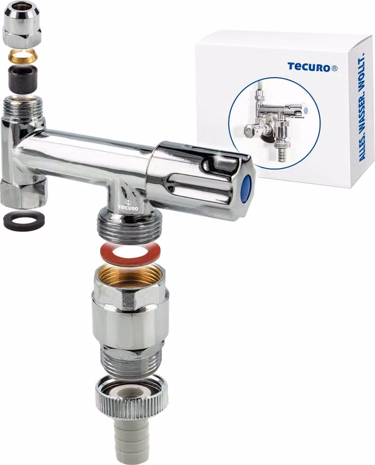 valvola tecuro Eckfix con aeratore per tubi, per montaggio su valvola ad angolo, ottone cromato