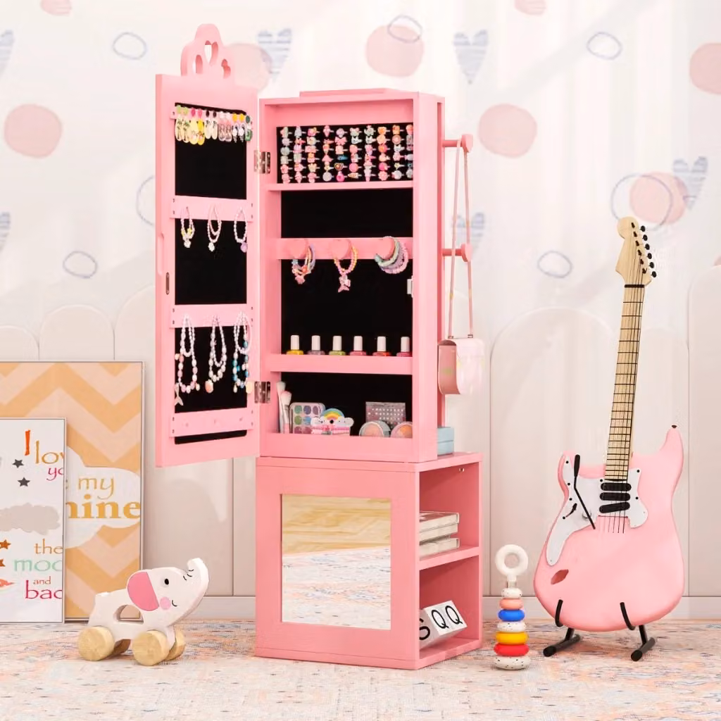 Armadio portagioie 3 in 1 Design Mania per bambine con specchio a figura intera e appendiabiti, colore rosa, L: 34 cm, P: 30 cm, H: 117 cm – 2