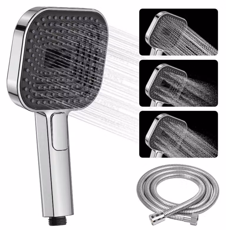Set doccia con soffione grande (135 mm), tubo flessibile, 3 getti, cromato, a risparmio idrico