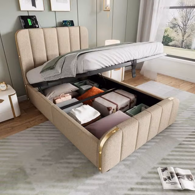 Letto 90x200 cm beige con contenitore idraulico e materasso