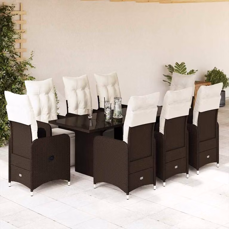 vidaXL Set Bistrò da Giardino 9 pz in Polyrattan Marrone con Cuscini e Tavolo in Vetro