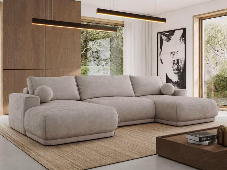 MKS MEBLE Divano ad angolo XXL RINA, divano componibile a forma di U con funzione letto e molle ondulate, funzione letto a divano letto - Ciniglia liscia grigio chiaro