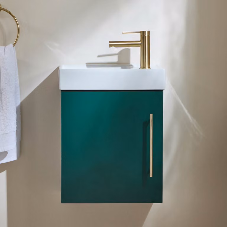 Mobile Bagno Verde Scuro Sospeso da 400mm con Lavabo e Maniglia con Barra a T in Oro Satinato - Cluo