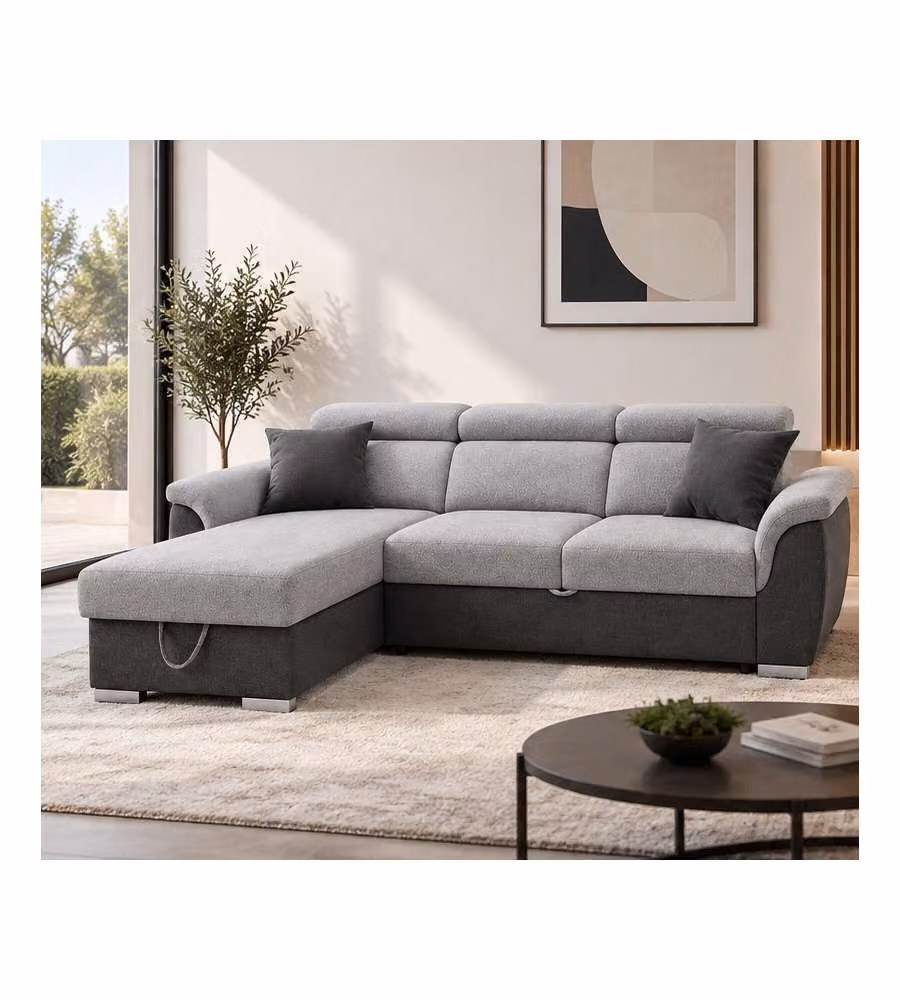 Domo Mea Divano Angolare Tony Grigio 3 Posti con Penisola Contenitore 226x175 cm