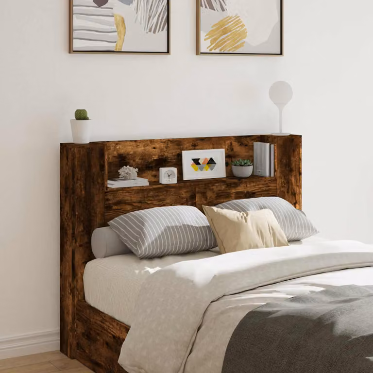 Testata del letto con mobile e illuminazione LED vidaXL in legno color quercia affumicata, L: 140,0 cm, H: 103,5 cm, P: 19,7 cm