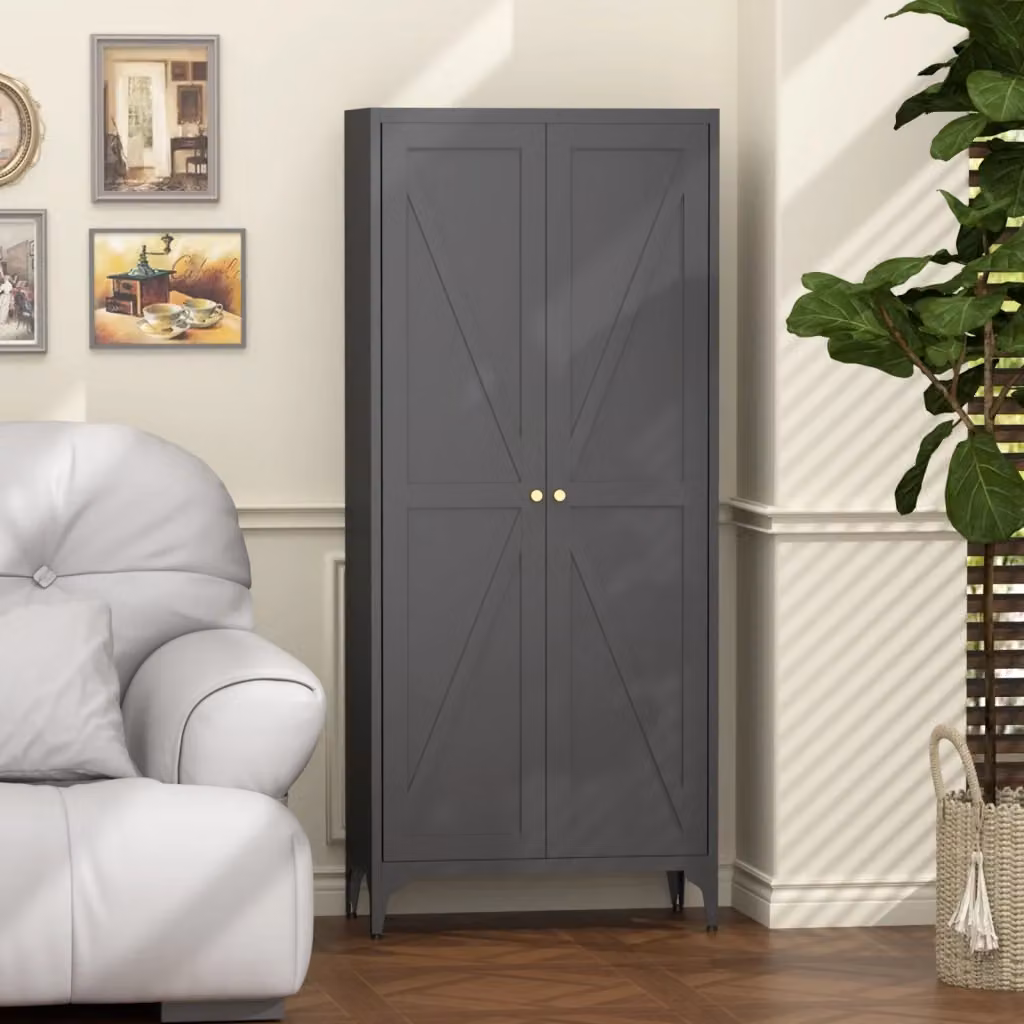 Armadio contenitore REDOM in metallo nero e oro con 2 ante e ripiani regolabili H: 174,5 cm, L: 42,0 cm, P: 14,0 cm – 2