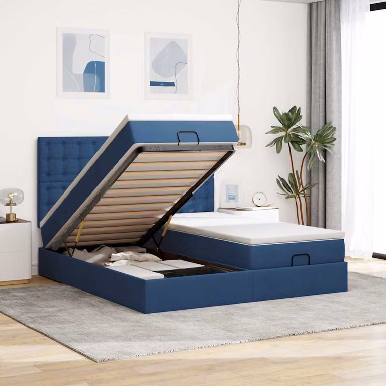 vidaXL Letto con Contenitore a Sollevamento e Materasso in Tessuto, Blu e Bianco, L/P: 200 x 200 cm