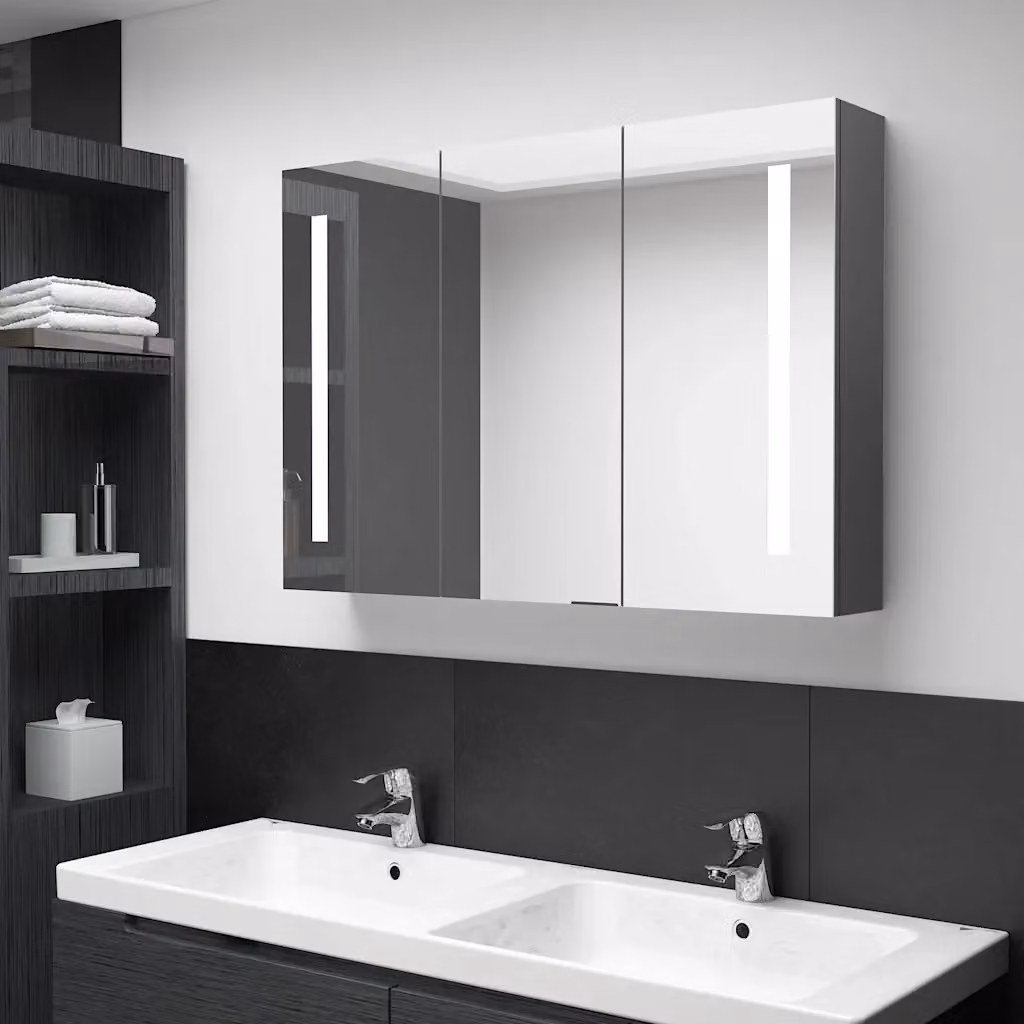 Armadietto da bagno moderno con specchio e illuminazione LED, ante in vetro e ripiani interni, Grigio, L: 89 cm, P: 14 cm, H: 62 cm – 2