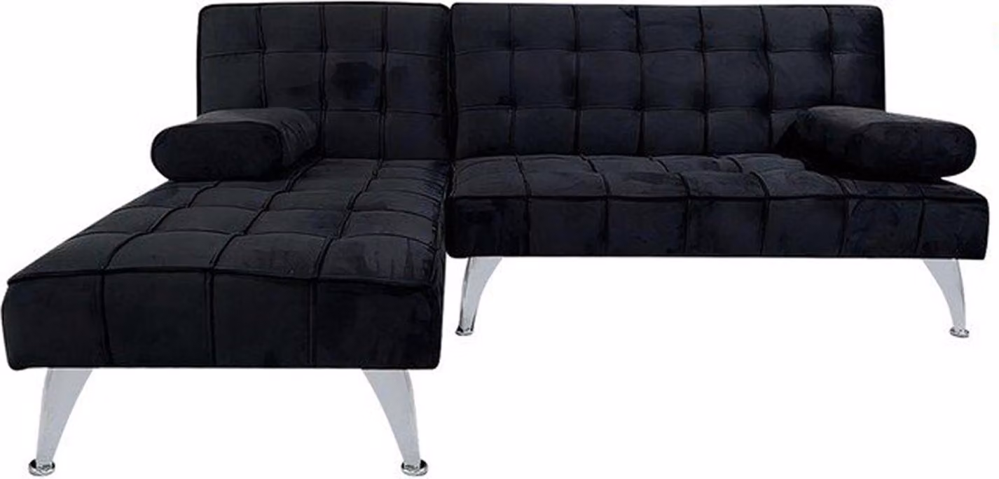 Divano letto Miranda con chaise longue, rivestito in velluto nero