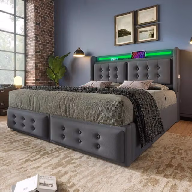 Letto matrimoniale imbottito 180 × 200 cm con contenitore testiera LED prese USB e USB-C cotone lino grigio