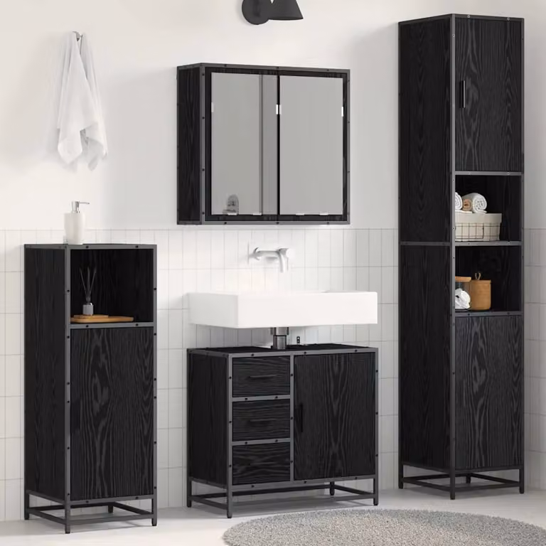 Set di mobili per il bagno moderno vidaXL 4 pezzi in legno e metallo nero opaco con armadietto a specchio, mobile lavabo, mobile laterale e colonna alta