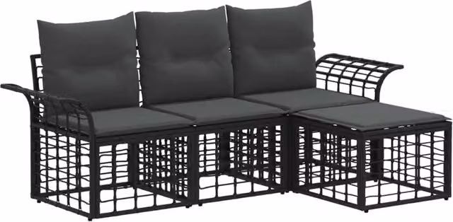 Set di divani da esterno 4 pz | Set Salotto da Giardino Nero e Grigio scuro Poliestere