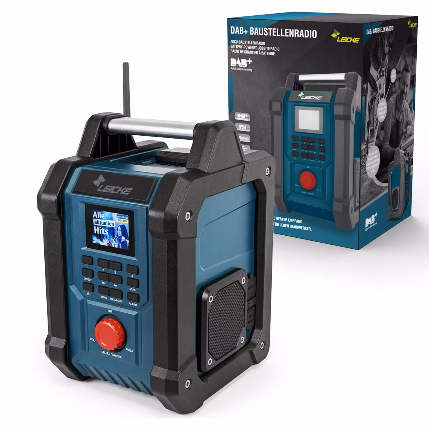 Radio da cantiere Leicke, digitale, robusto, con tecnologia DAB+, FM, Bluetooth, ingresso AUX, batteria da 4000mAh, caricabatterie, 2 altoparlanti da 15W, display LCD da 2,4 pollici, portatile, colore blu