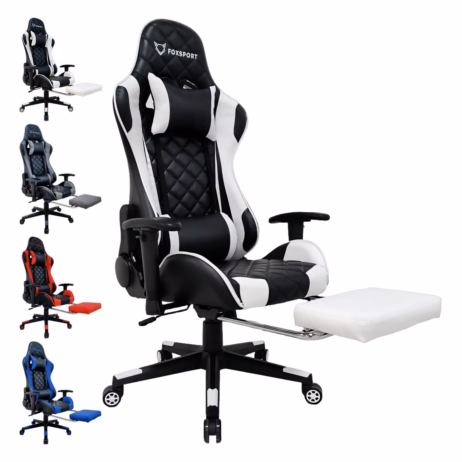 Sedia da gioco FOXSPORT Sedia da ufficio ergonomica dal design racing fino a 150 kg, con poggiapiedi retrattile, poggiatesta regolabile e supporto lombare, bianco