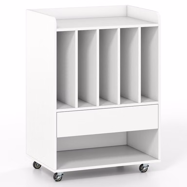 Tavolino porta giradischi con 5 ripiani e cassetto, bianco, mobile