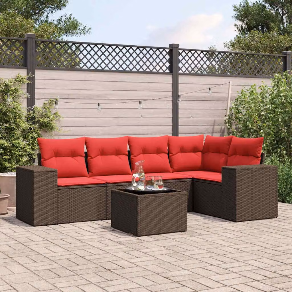 Set di divani da giardino vidaXL in polyrattan marrone con cuscini e tavolino da esterno a forma di L