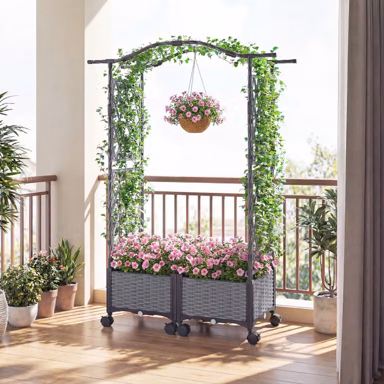 Costway Letto da giardino rialzato con irrigazione automatica, graticcio e tetto in rattan impermeabile, Grigio