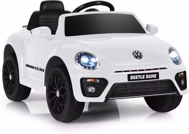 Maggiolino per bambini elettrico con telecomando luci sedile accogliente, Giocattolo realistico cavalcabile Bianco