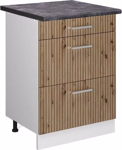 Mobiletto base per cucina R-Line Rovere artigianale/Bianco 60 cm con cassetti, PL Antracite Vicco