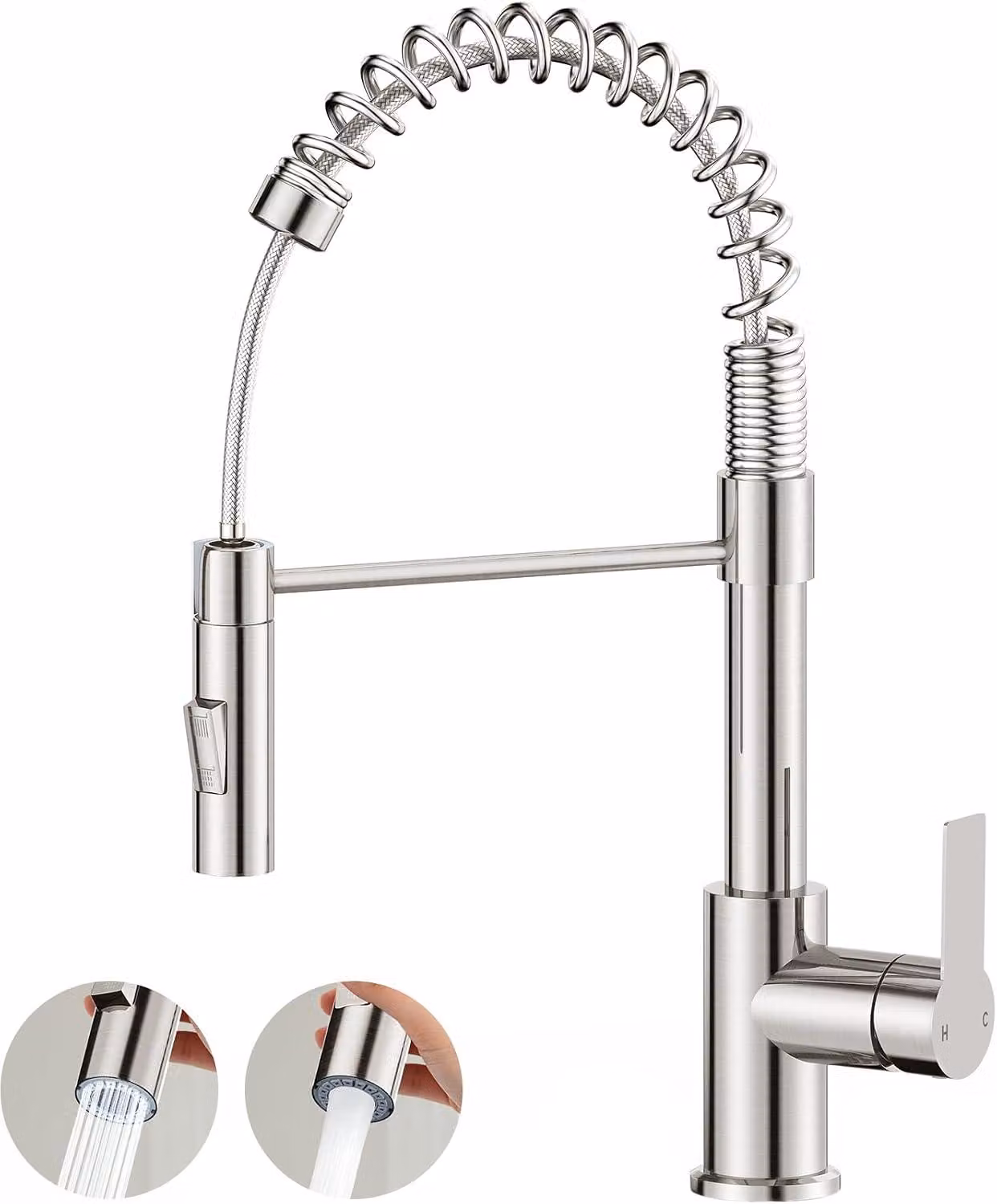 Miscelatore da cucina a 360°, con doccetta estraibile, 2 tipi di getto, design ad arco alto, acciaio inossidabile spazzolato, per cucina