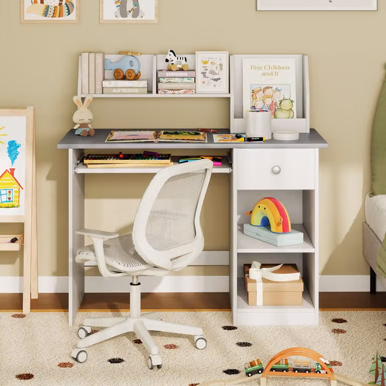 Costway Scrivania per bambini legno con vassoio per tastiera e cassetto, Scrivania per bambini libreria laterale e mensole superiori Grigio