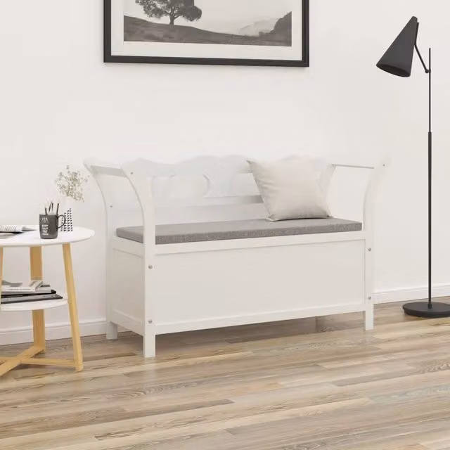 Panca bianca vidaXL in legno di abete con seduta in tessuto, L: 107 cm, P: 45 cm, H: 75,5 cm