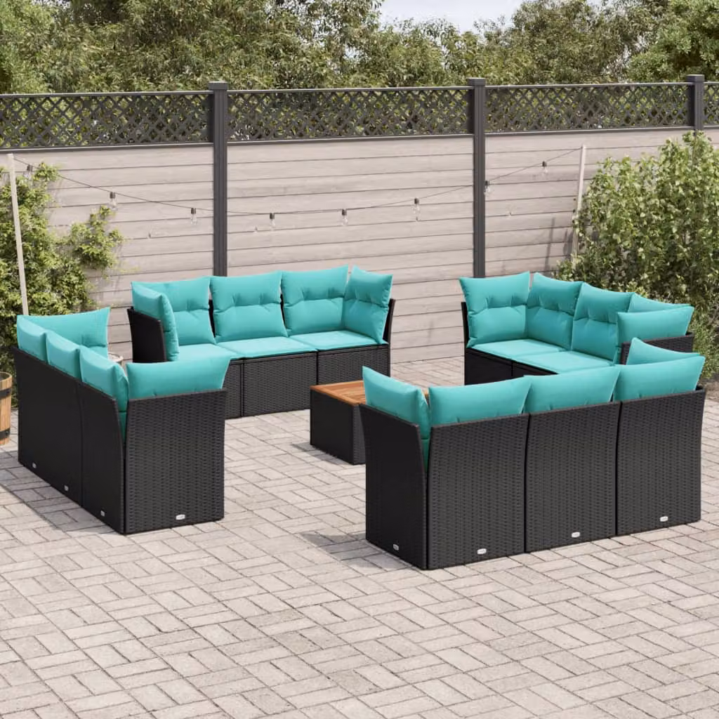 vidaXL Set Divani da Giardino a Forma di U in Polyrattan Nero con Cuscini e Tavolino da Esterno – 1