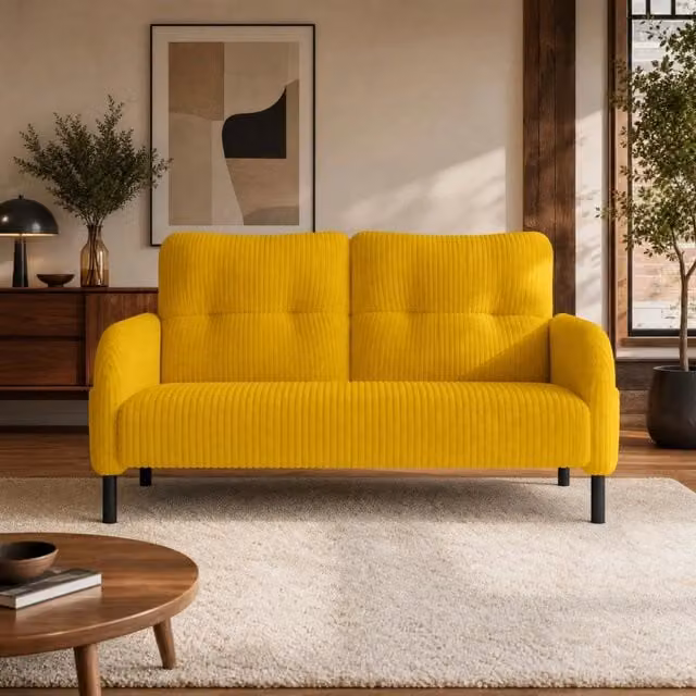 Divano a 2 posti MIVRAY in velluto a coste giallo con struttura in metallo e legno per soggiorno, camera da letto o ufficio