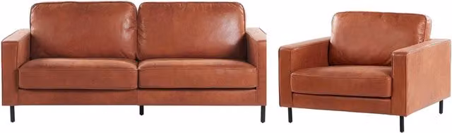 Set di Divano Beliani con Poltrona in Ecopelle e Tessuto Marrone con Struttura in Legno Massello per Soggiorno in Stile Minimalista