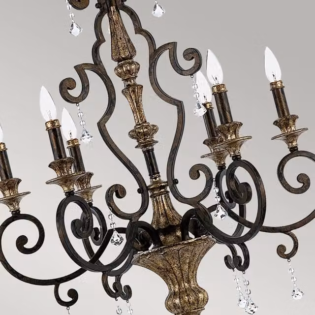 Lampadario Classico Marquette Quoizel in Acciaio Bronzo con Cristalli e 6 Luci E14