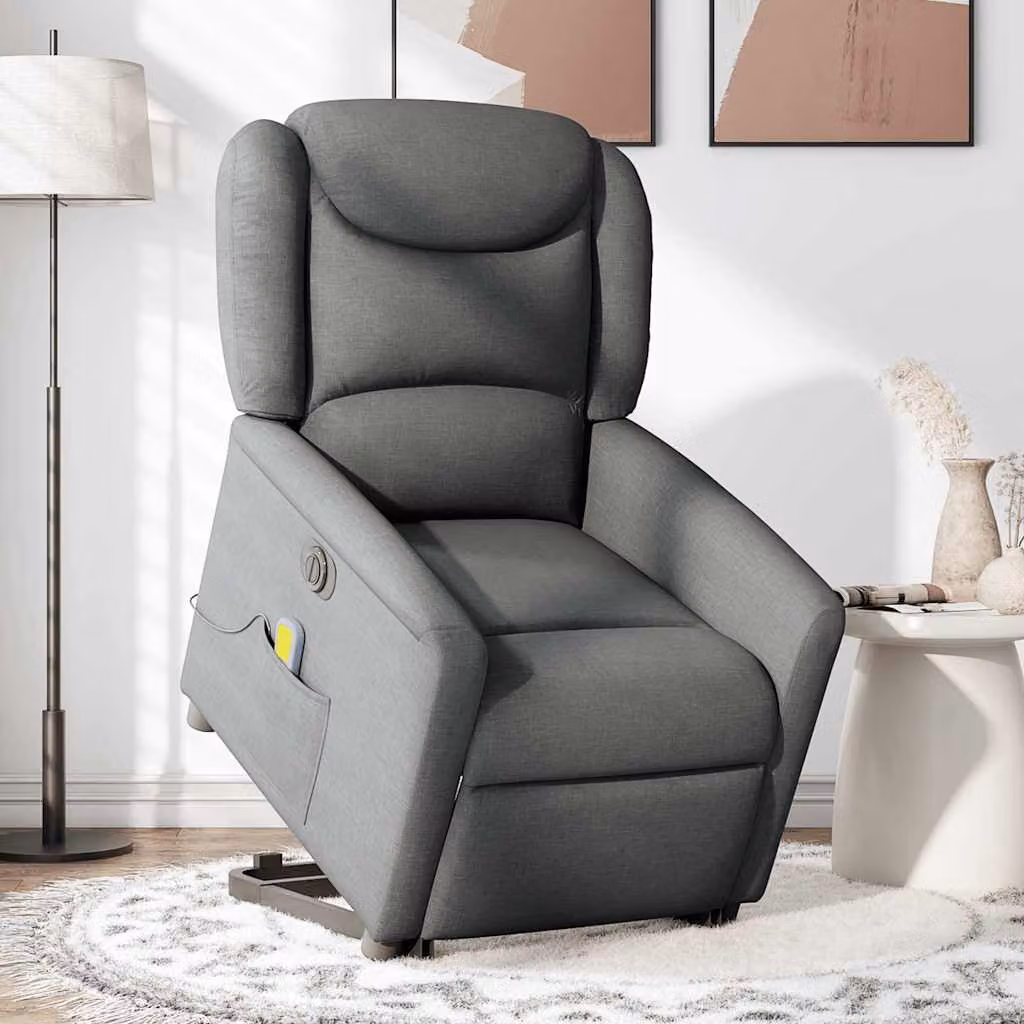 vidaXL Poltrona Alzapersona Massaggi Elettrica Grigio Scuro Tessuto